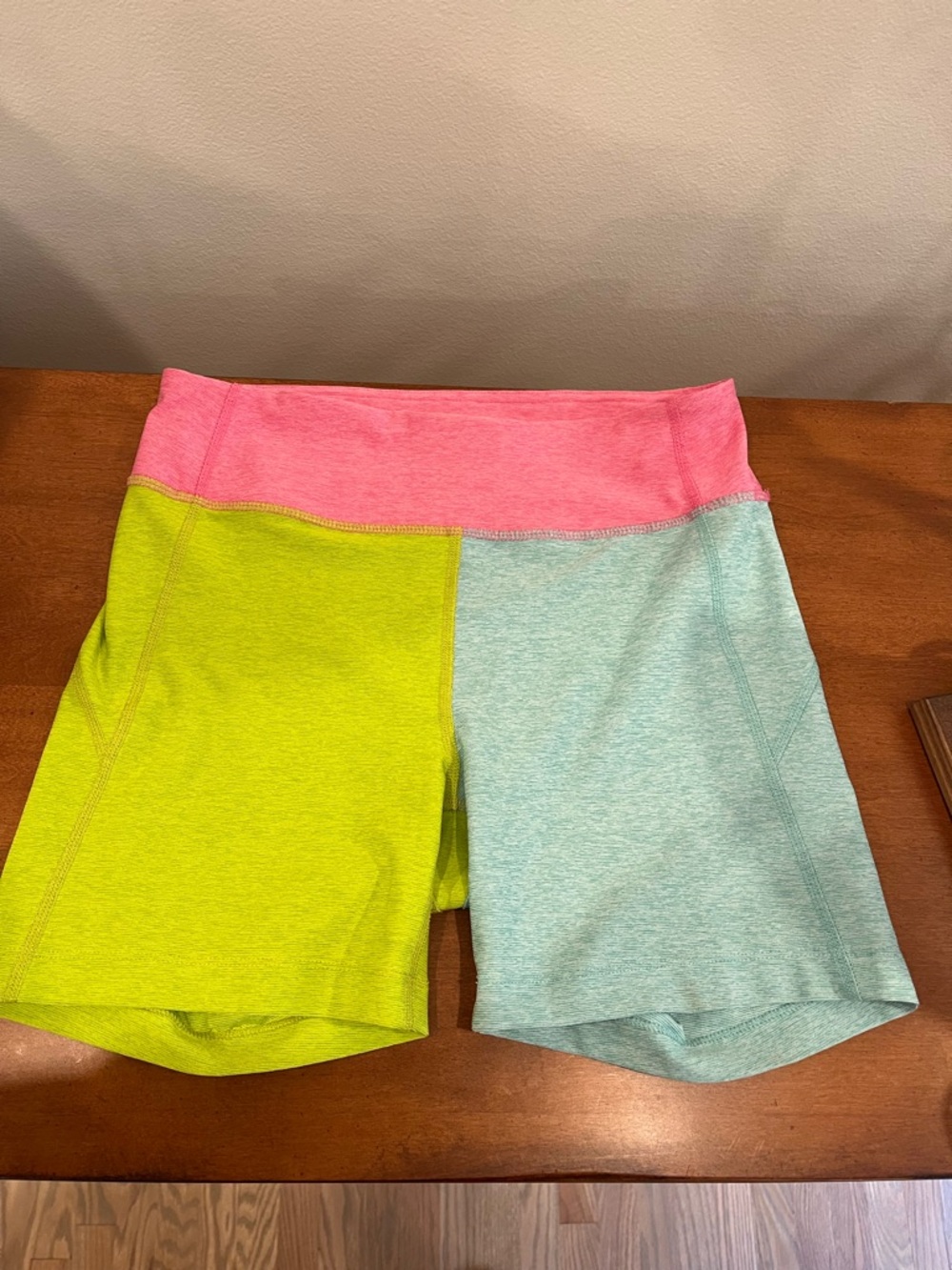 Outdoor Voices Colorblock Athletic Shorts in Pink, Lime, and Light Blue